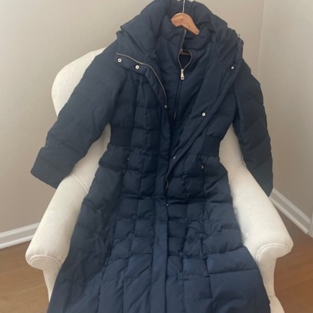 COZY COLE HAAN Signature Down Maxi Quilted Puffer Coat Dark Navy M